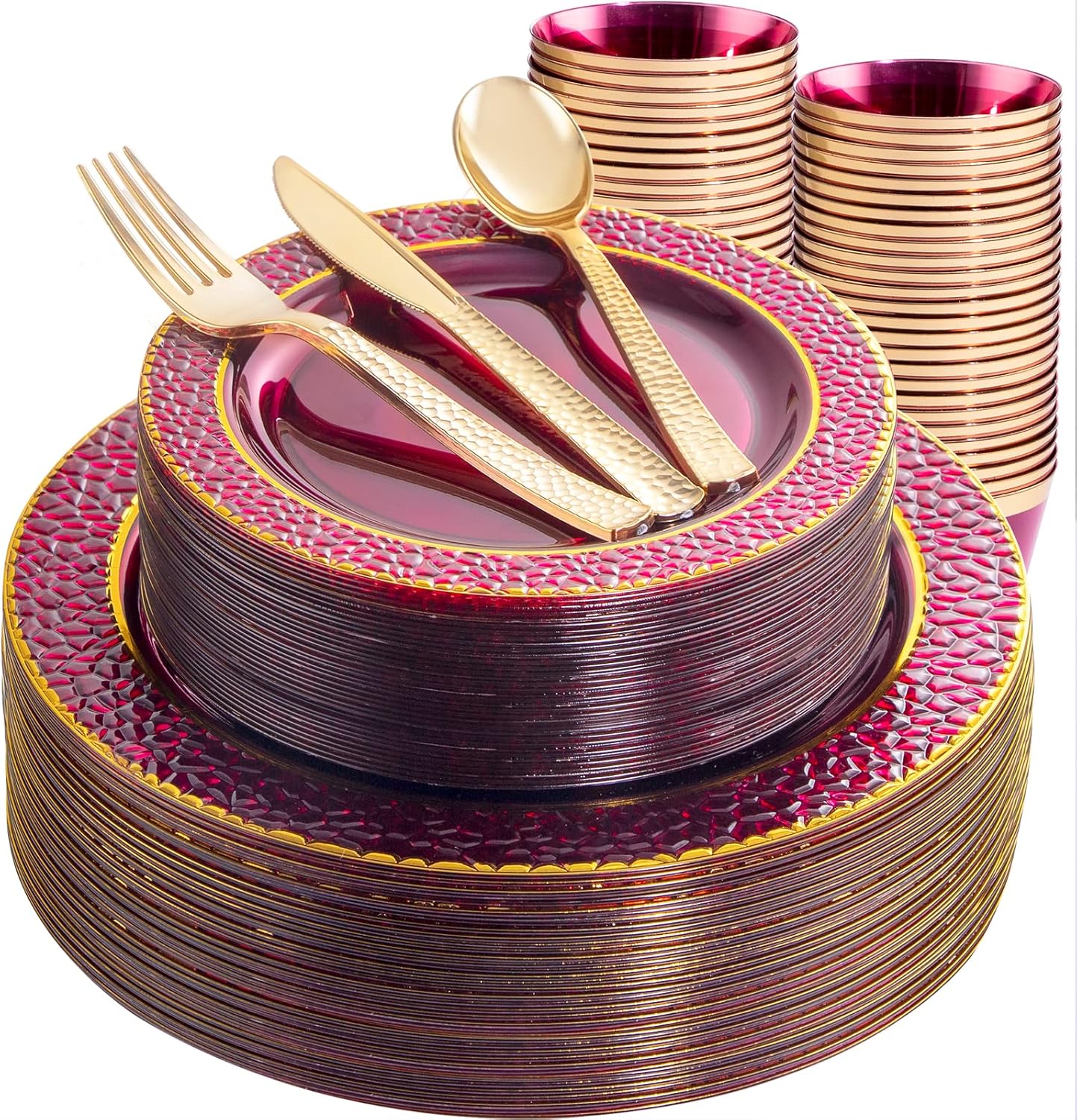 Ciaell 150PCS Clear Red Plastic Plates - Disposable Red and Gold Plates Set include 50Plates, 25Forks, 25Knives, 25Spoons, 25Cups for Wedding & Party & Christmas