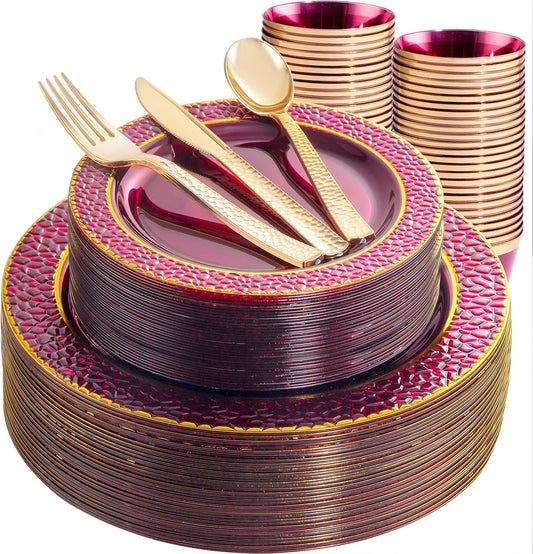 Ciaell 150PCS Clear Red Plastic Plates - Disposable Red and Gold Plates Set include 50Plates, 25Forks, 25Knives, 25Spoons, 25Cups for Wedding & Party & Christmas