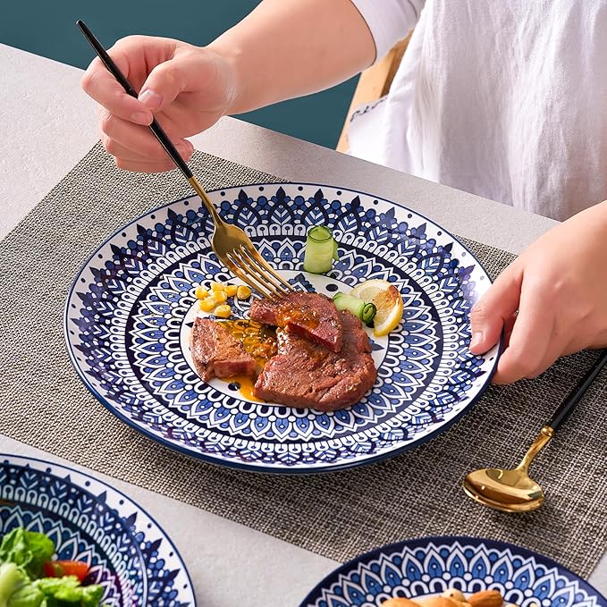 Bestone Porcelain Dinnerware Sets Service for 4, 12 pcs Hand drawn Plates and Bowls Sets, Handmade Ceramic Dish Set, Chip Resistant Modern Plate Set, Dishwasher/Microwave Safe，Vintage Blue