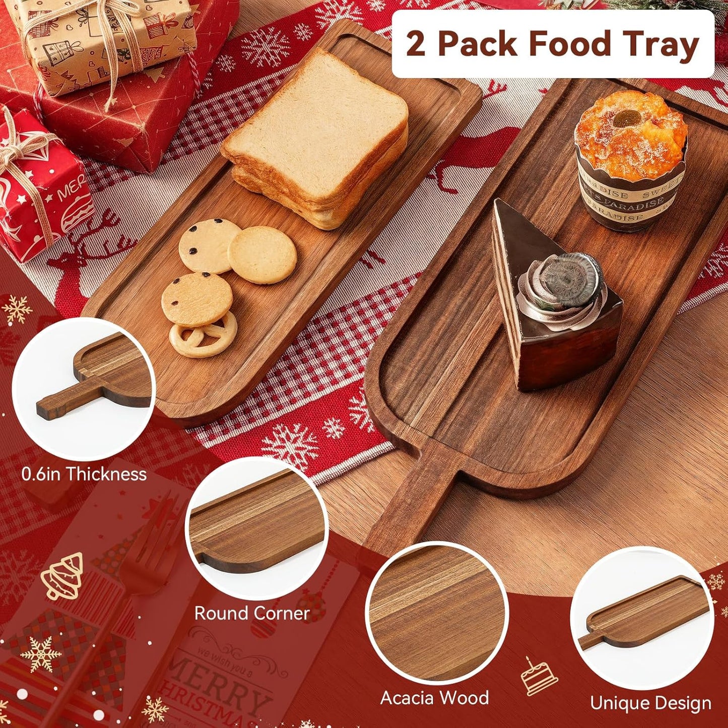 2 Pcs Christmas Charcuterie Boards, Wine Shaped Wooden Cutting Board with Handle, Acacia Wood Christmas Serving Tray for Cheese Fruit Bread Salad Vegetables Snack Dessert