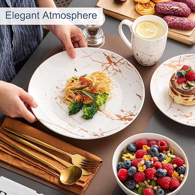 LOVECASA White Dinnerware Sets for 4, 16 Piece Porcelain Dish Set Plates and Bowls Sets, Gold Splash Glaze Ceramic Dinner Set with Mugs, Dishwasher Microwave Safe