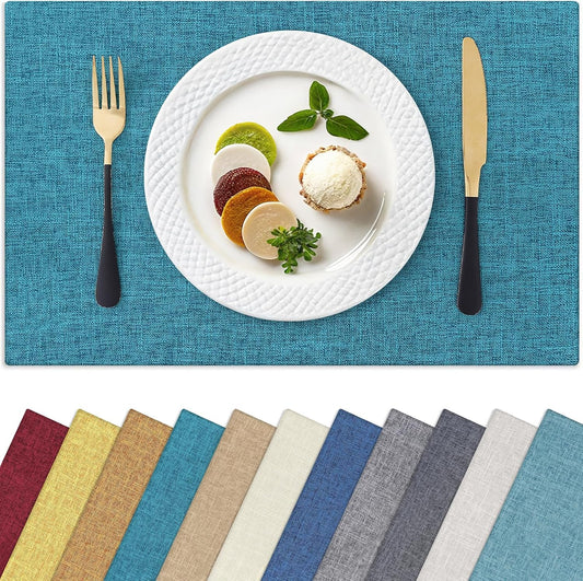 Homaxy Cloths Placemats for Dining Table Set of 6, Heat Resistant Washable Cotton Linen Blend Table Mats, Easy to Clean Place Mats for Indoor Outdoor Party Kitchen Decoration, 13" x 19", Teal