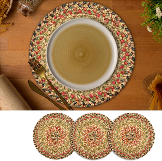 Homespice Kingston Jute Braided Trivets for Table, Warm Country Decor, Set of 3, Multicolor 8" Round Heat Resistant Mats - Rich Colors, Easy to Clean, Durable and Protects Furniture