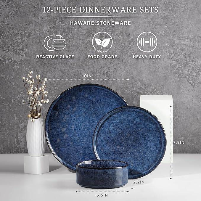 HaWare Dinnerware Sets, 12-Piece Plates and Bowls Set, Stoneware Dish Set for 4, Ceramic Dinnerware for Home Restaurant, Chip and Scratch Resistant, Microwave and Dishwasher Safe, Reactive Starry Blue
