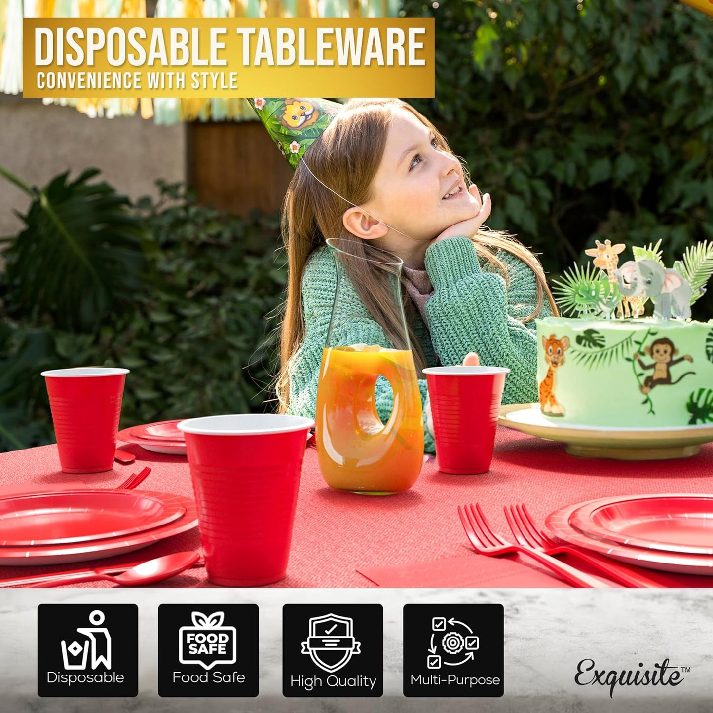 222 Pcs Red Paper Plates and Napkins Sets, Disposable Plates For Party, Lunch & Cocktail Napkins Paper, 18oz Plastic Cups, Cutlery and Red Table cloth Plastic Dinnerware Set