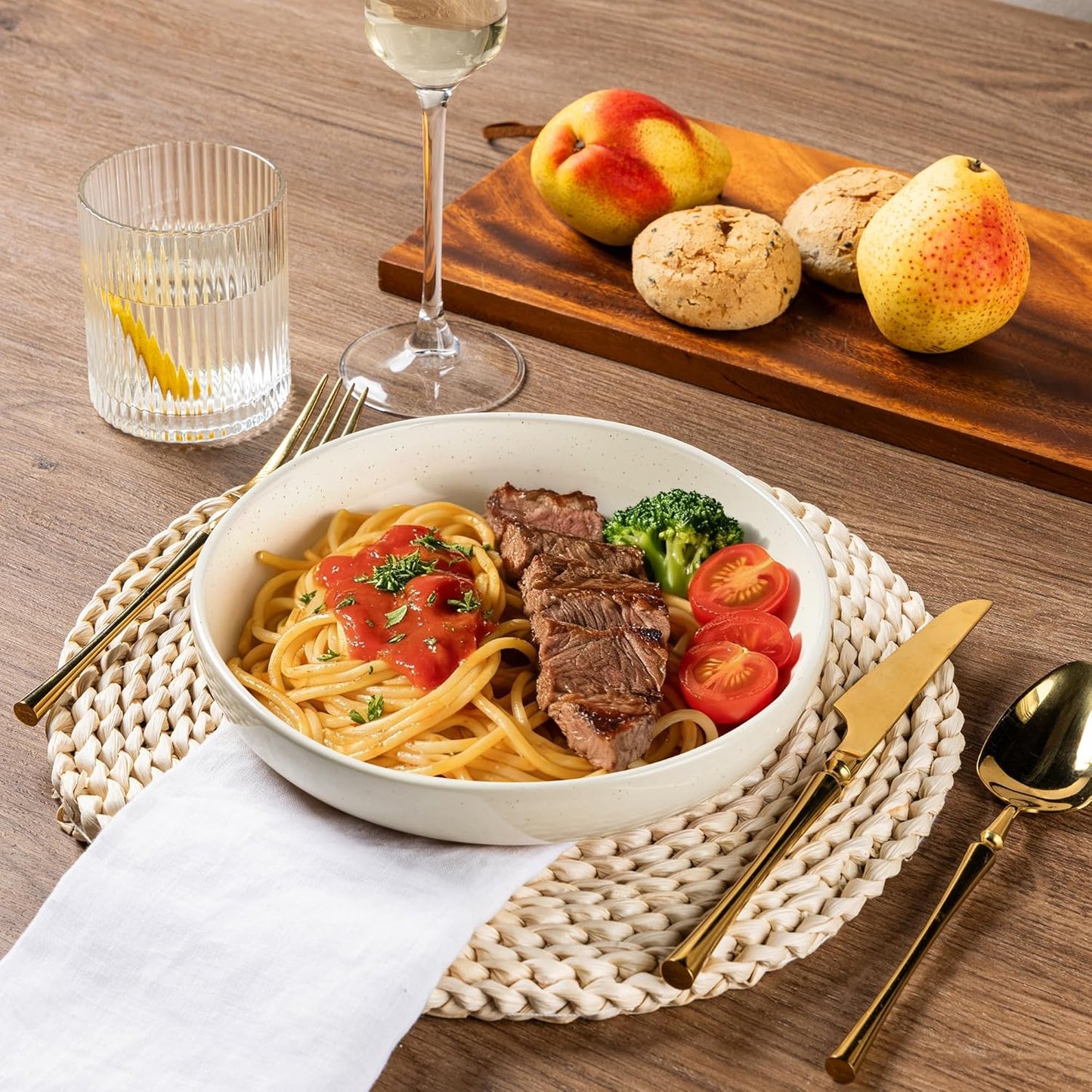 AmorArc Ceramic Dinnerware Sets with Pasta Bowls for 4, Handpainted Plates and Bowls Set with Rustic Terracotta Underside, Scratch Resistant Dishes Set, Dishwasher & Microwave Safe, 16 Pcs