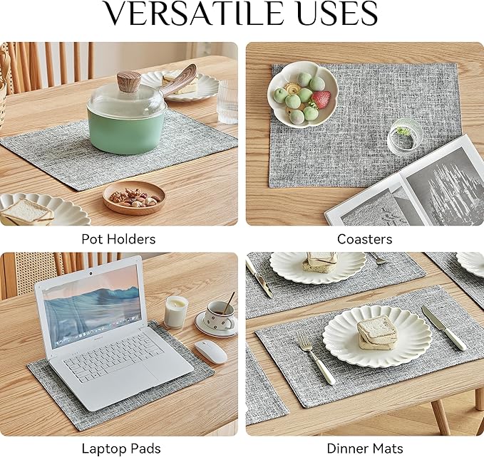 Softalker Faux Linen Placemats Set of 4-12 x 18 Inch, Heat Resistant Double Layered Durable Burlap Farmhouse Place Mats, Non-Slip Washable Rustic Table Mats for Dining, Kitchen, Party（Ash Grey
