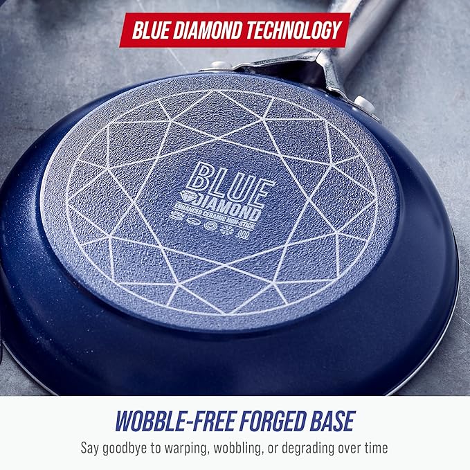 Blue Diamond 10" Nonstick Frying Pan Skillet, Diamond Infused PFAS & PTFE-Free Ceramic Pot, Dishwasher & Oven Safe, Stay Cool Handle, Durable Non Toxic Metal Utensil Safe, Egg & Omelet Pan, Blue