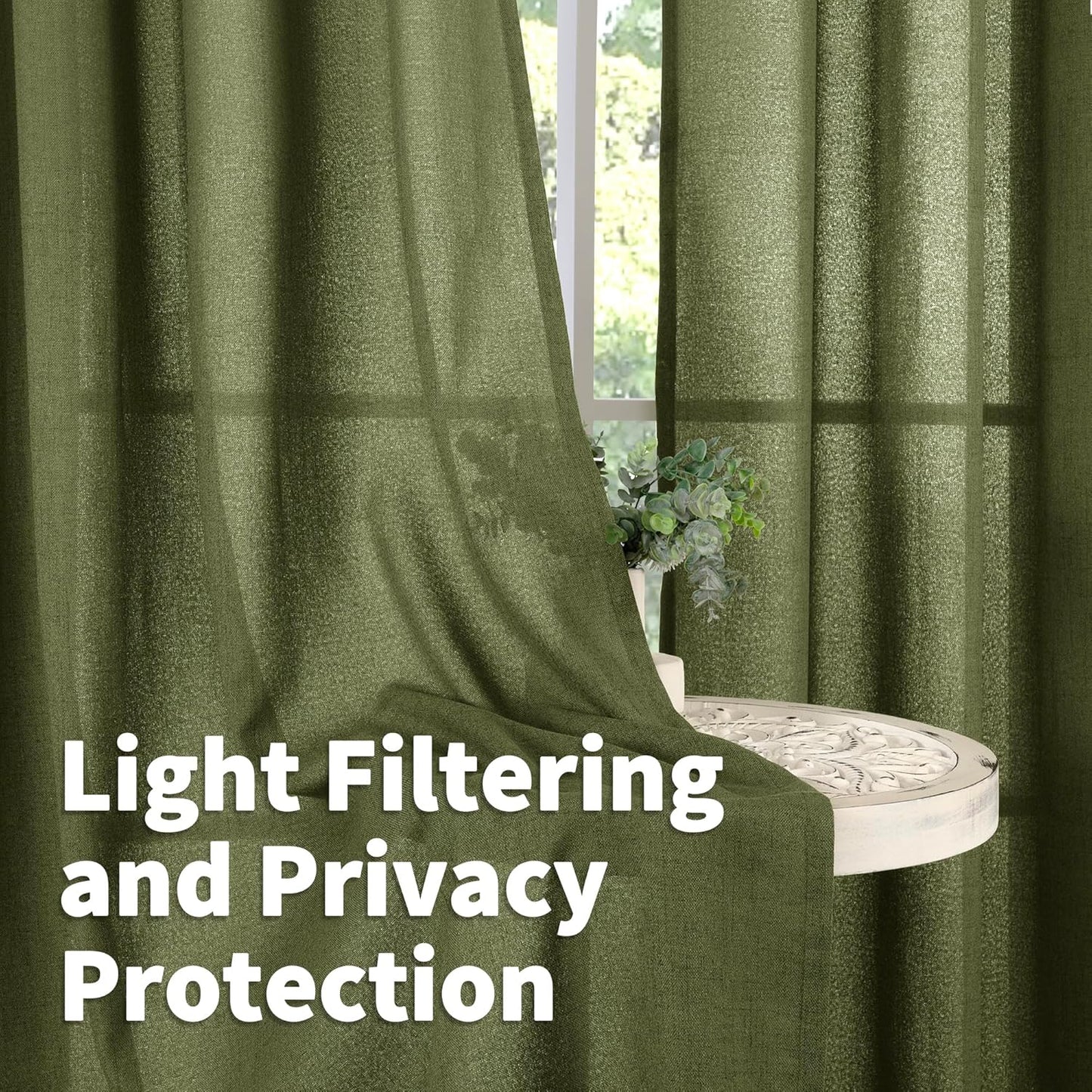 YoungsTex Olive Linen Semi Sheer Curtains 84 Inch Length 2 Panels for Living Room, Dark Green Drapes Light Filtering with Bronze Grommet Window Treatments for Dining Bedroom, 52 X 84 Inch