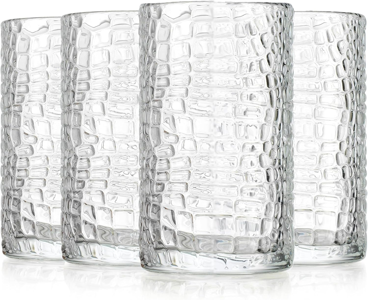 Glaver's Highball Drinking Glasses, Set of 4 Clear 15 Ounce Crackle Design Textured Drinking Glasses Heavy Duty Basic Set for Everyday Home, Bar use for Water Juice Cocktails Smoothies.