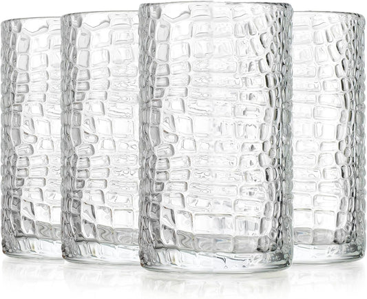 Glaver's Highball Drinking Glasses, Set of 4 Clear 15 Ounce Crackle Design Textured Drinking Glasses Heavy Duty Basic Set for Everyday Home, Bar use for Water Juice Cocktails Smoothies.