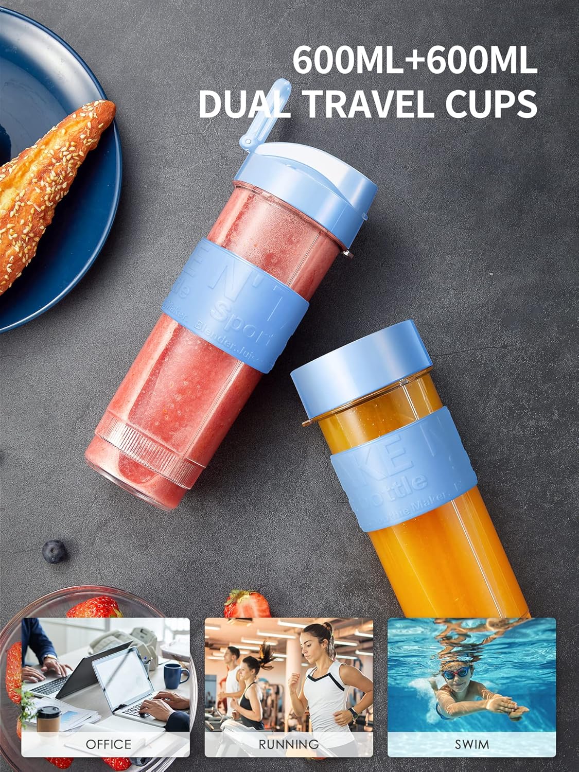 Personal Blender, Electric Shake Bottle with 2 x 20oz Travel Bottle and Coffee/Spices Jar, Portable Shaker Cups for Protein Shakes, 500W Single Serve Blender for Shakes and Smoothies, Sports(Blue)