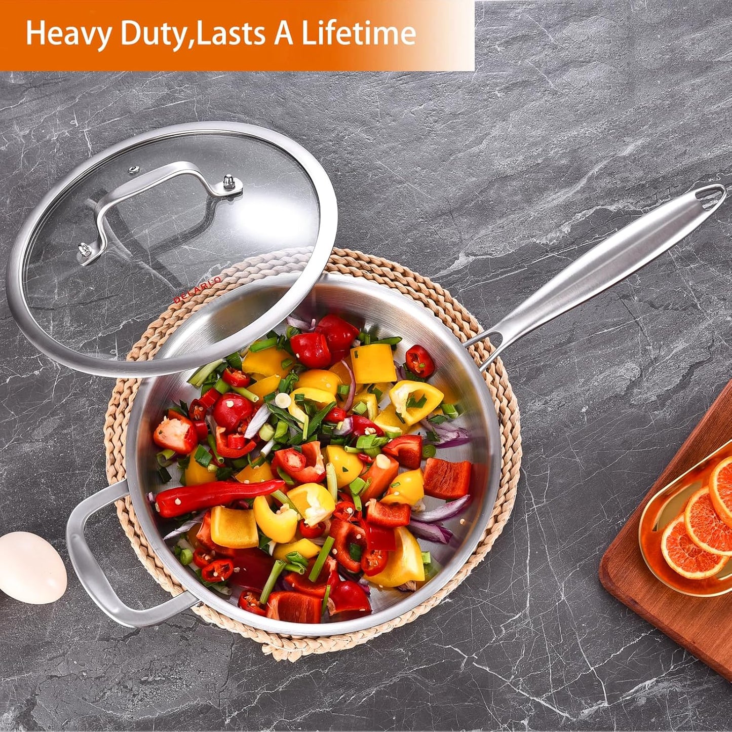 DELARLO Tri-Ply Stainless Steel 10 Inch Frying Pan,3 Quart Sauté Pan with lid,Compatible with All Cooktops,Oven Up to 660℉,Chicken Fryer,Dishwasher-Friendly