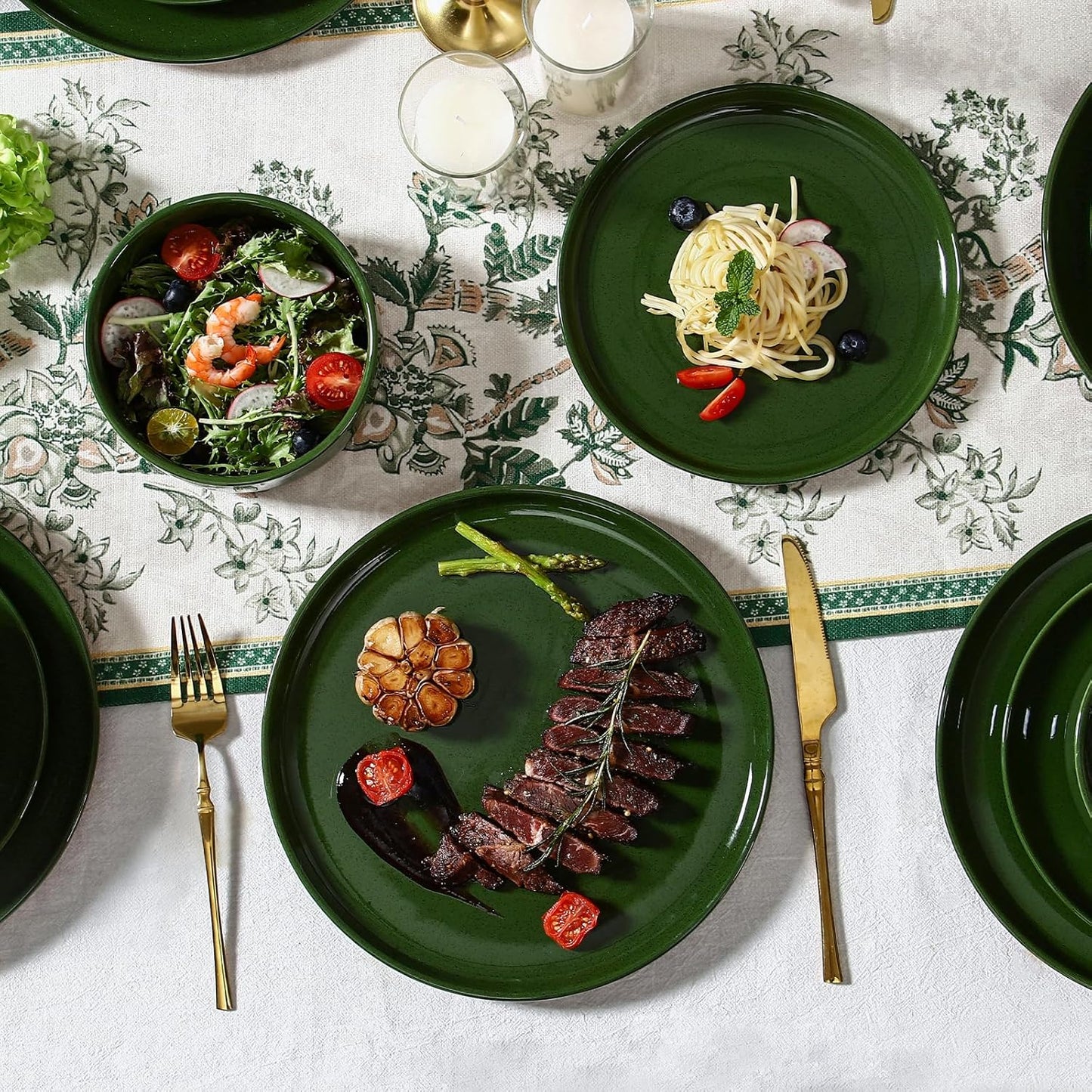 GZG Modern Art Series - 18 Pcs Speckled Stoneware Plates and Bowls Sets, Ceramic Dinnerware Set with Rustic Terracotta Underside, Microwave and Dishwasher Safe Handcrafted Dishes Set - Verdant Green