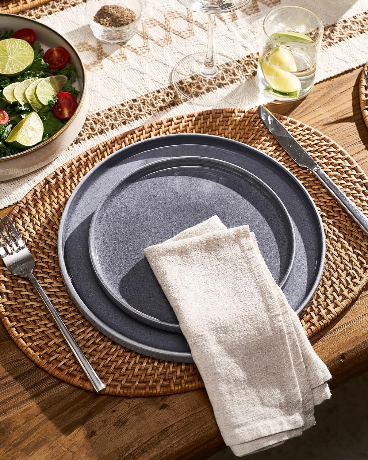 Famiware Annecy Plates and Bowls Sets, 12 Pieces Dinnerware Sets, Microwave and Dishwasher Safe Dishes Set for 4, Chip and Scratch Resistant, Misty-Blue