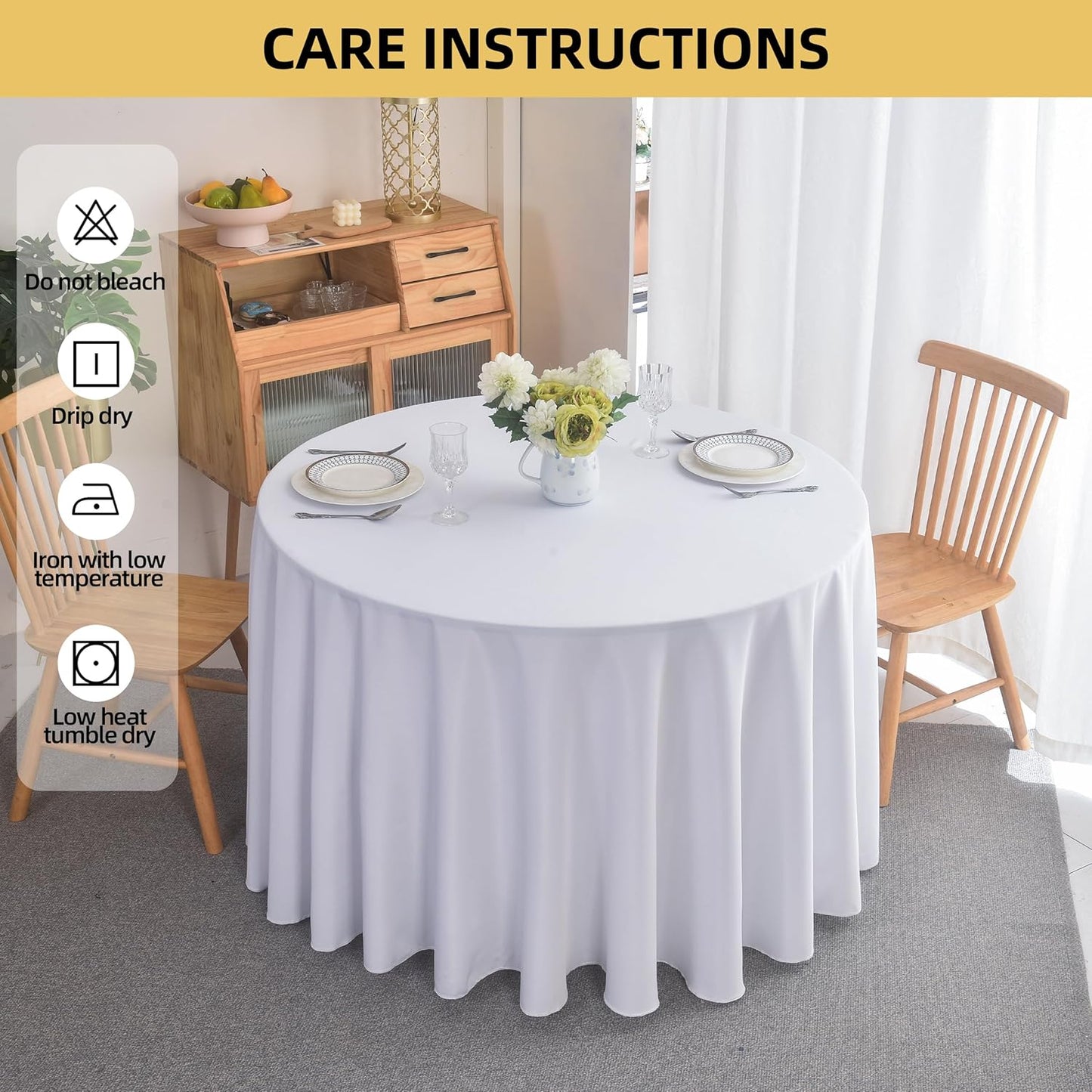 6-Pack Round 108-inch White Table Cloths, Solid Stain and Wrinkle Resistant Circular Tablecloth, Premium Plain Weave Polyester Fabric Table Linen Covers for Hotel, Banquet