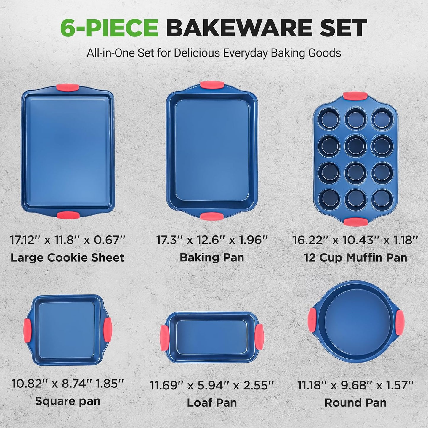 NutriChef 6-Piece Non Toxic Bakeware Set – Carbon Steel Baking Pan Includes Cookie, Muffins, Loaf, Bread, Round & Square Pans, Non-Stick, Easy Release, & Easy Clean