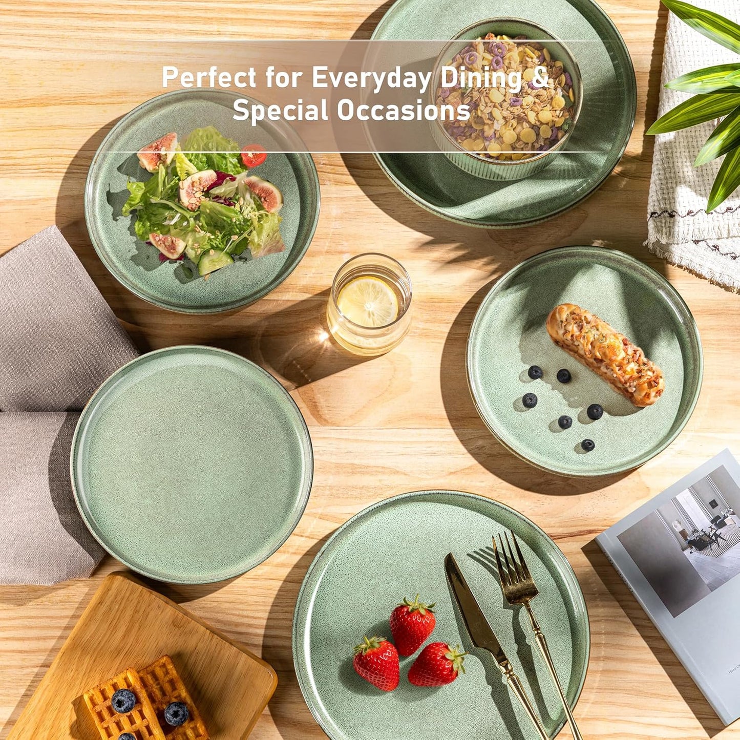 GBHOME Stoneware Dinnerware Sets for 4,Round Reactive Glaze Ceramic Plates and Bowls Set,Highly Scratch Resistant | Dishwasher & Microwave Safe Dishes Set,Service for 4(12Pcs)