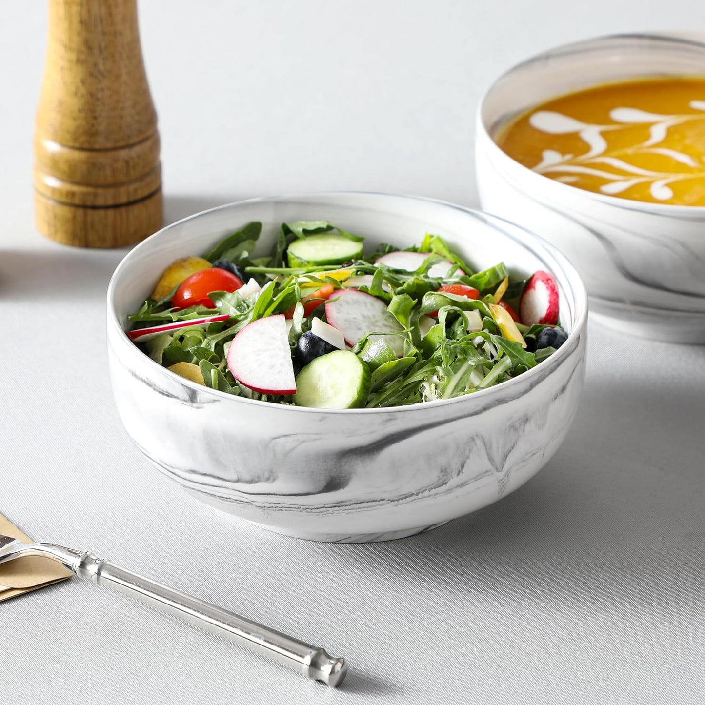 MALACASA Large Marble Grey Ceramic Soup & Salad Bowls Set of 2, 44 OZ (7"), Dishwasher & Microwave Safe, Series REGULAR
