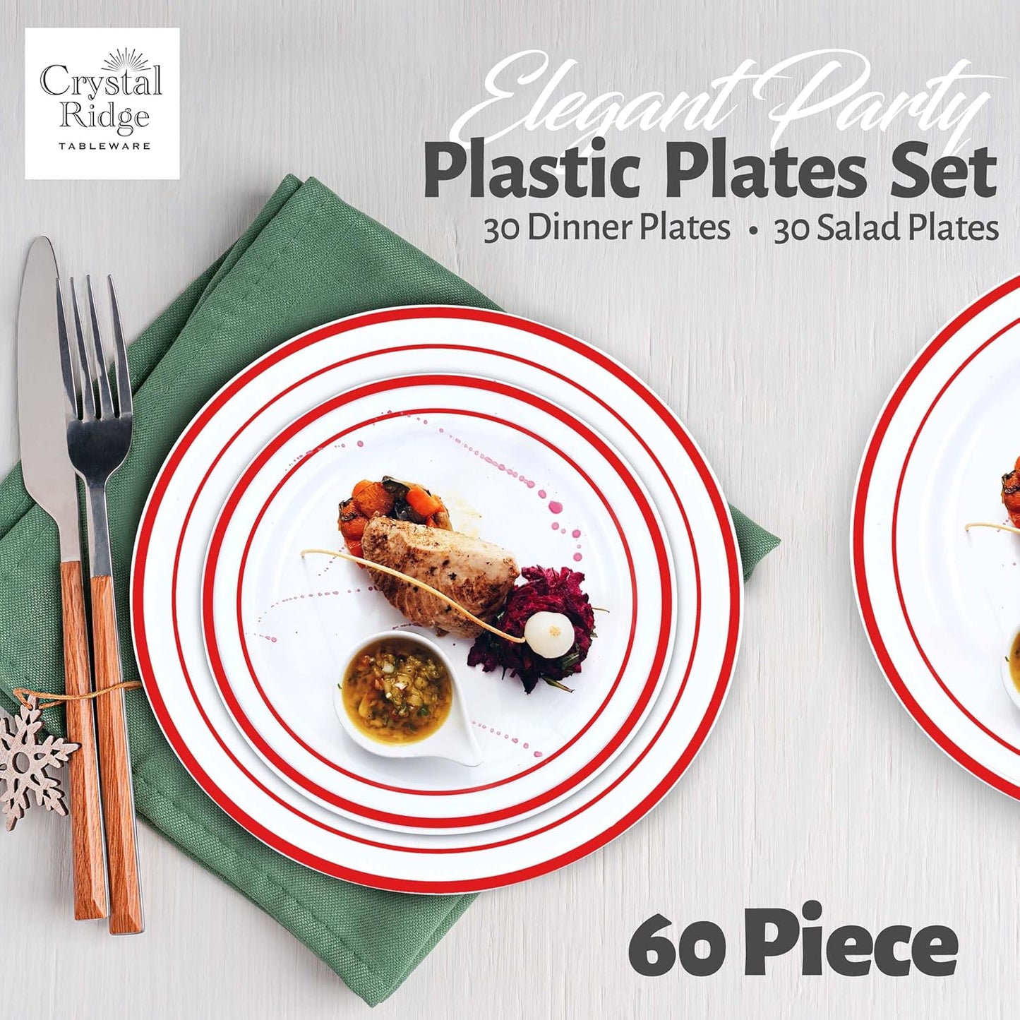 60 Pieces White Plastic Disposable Plates - Premium Heavy-Duty 30 Dinner Plates & 30 Salad Plates with Red Rim Ideal for Party, Birthday and Special Events