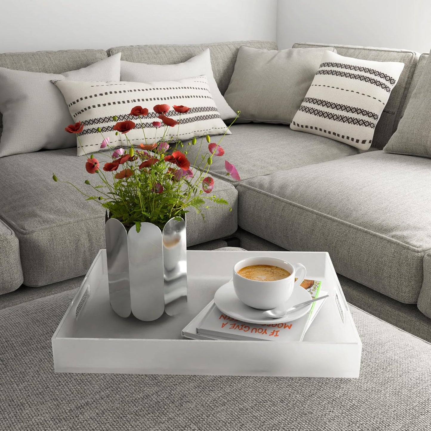 16"x12" Large Acrylic Serving Tray Decorative Ottoman Coffee Table Vanity Tray Tea Fruit Platter Snack Appetizer Dessert Drink with Handles for Bar Kitchen Party, Frosted