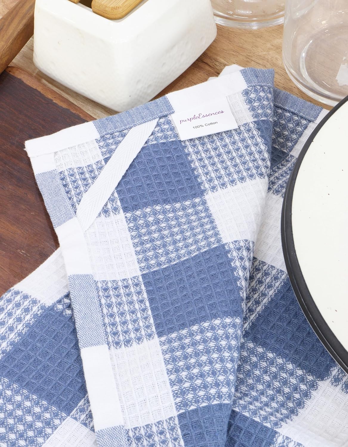 PurpleEssences 100% Cotton Waffle Weave Check Plaid Kitchen Towels, Super Soft and Absorbent Dish Towels for Drying Dishes 15 x 25-6 Pack - Fall Thanksgiving- Smoky Grey and White