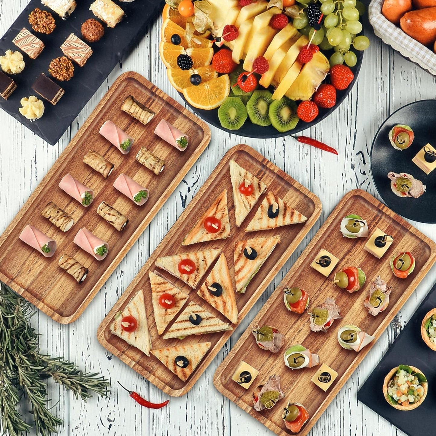 Anyvape Acacia Wood Serving Trays, Set of 3 Wooden Serving Platters for Home Decor, Food, Cheese, Fruit, Vegetables, Charcuterie, Appetizer Serving Tray(14 x 5.47 x 0.78 inches)