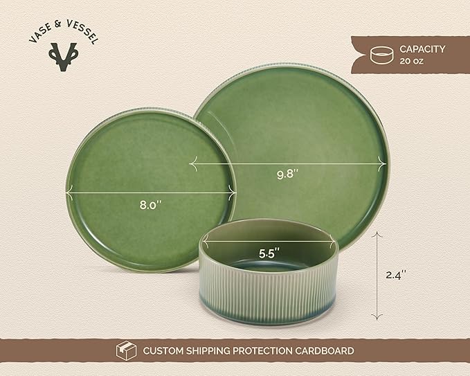 Ceramic Dinnerware Set, by Vase and Vessel, 12-Piece Service for 4, 9.8” Dinner Plates, 8” Salad Plates, 20 oz Bowls, Ombre Reactive Glaze, Durable Stoneware, Microwave & Dishwasher (Moss Green)