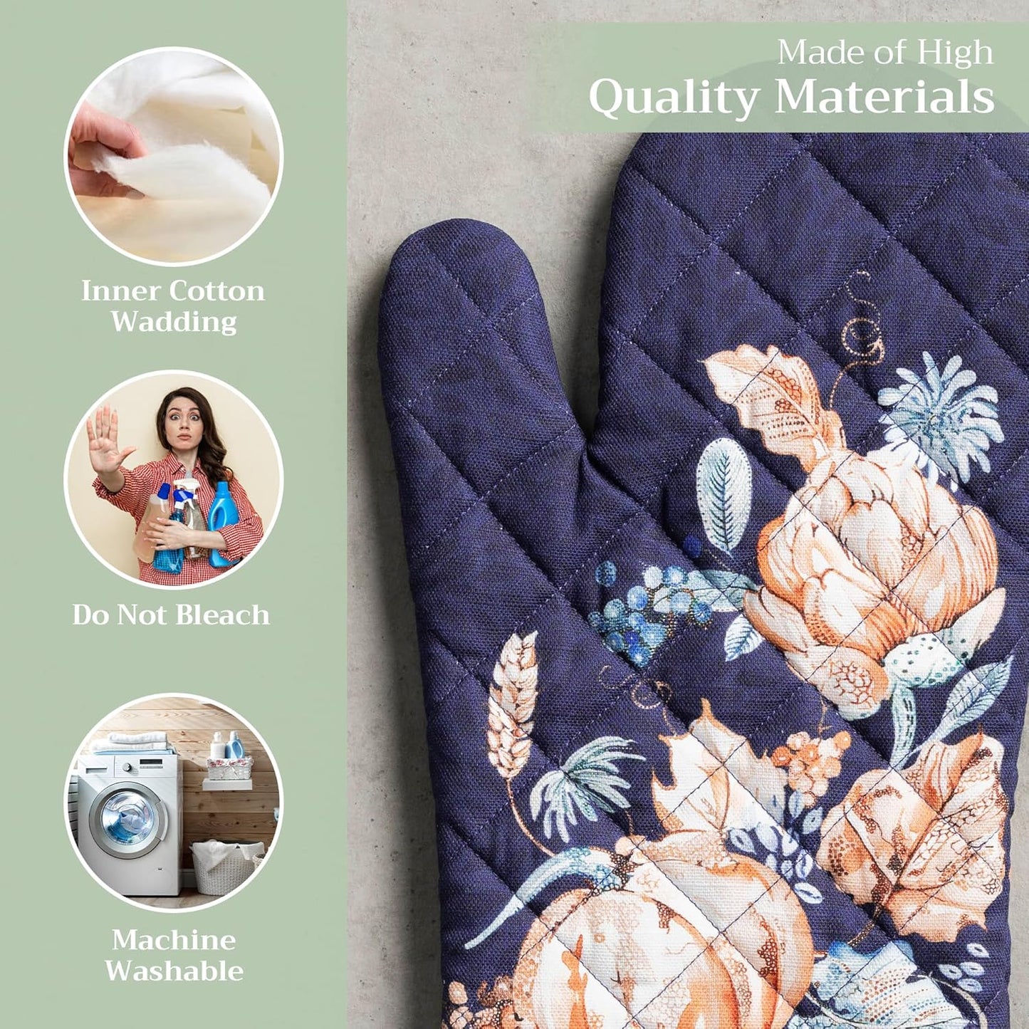 Maison d' Hermine Oven Gloves 100% Cotton Oven Mitt 7" x 13" with Loop Heat Resistant BBQ Cooking Gloves for Thanksgiving Christmas Decorations Baking Handling Hot Pans (Pack of 1, Pumpkin Blues)