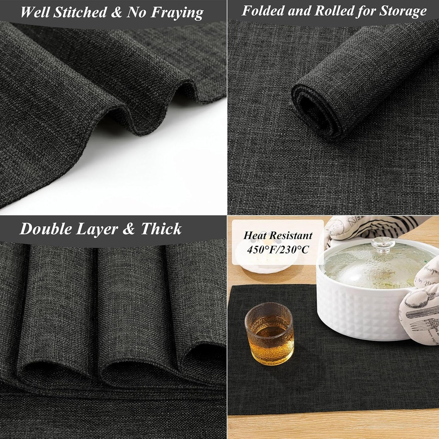 SHACOS Washable Cloth Placemats Set of 4 Cotton Linen Double Layer Thickened Machine Washable Table Mats Non Slip Heat Resistant Fabric Place Mats for Dining Table, Black