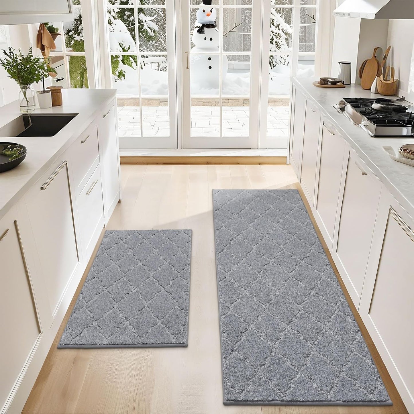 COSY HOMEER Soft Kitchen Rugs [2 PCS] for in Front of Sink Super Absorbent Kitchen Floor Mats and Mats 24x35 Inch/24X60 Non-Skid Kitchen Mat Standing Mat Washable,Polyester,Grey