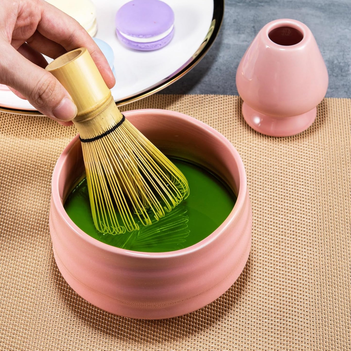 Matcha Whisk Set- Matcha Set includes Matcha Bowl, Sifter, Holder and Scoop- The Perfect Bamboo Whisk for Matcha Tea (Pink)