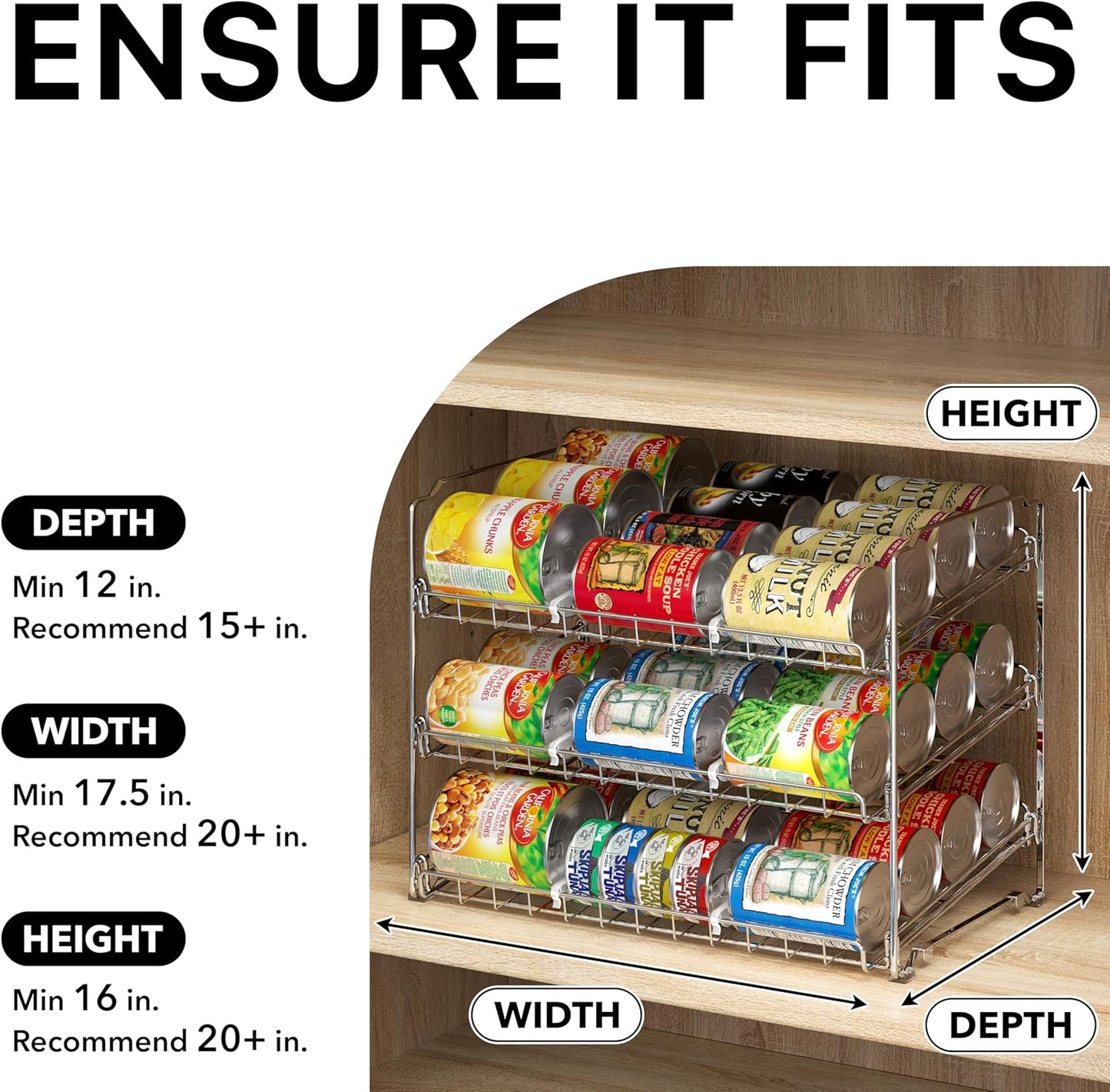 Simple Houseware Stackable Can Organizer Rack for Pantry/Cabinet – 11.5" D x 17" W x 13.75" H, Holds 36 Cans, 3-Tier Can Food Storage Dispenser, Chrome