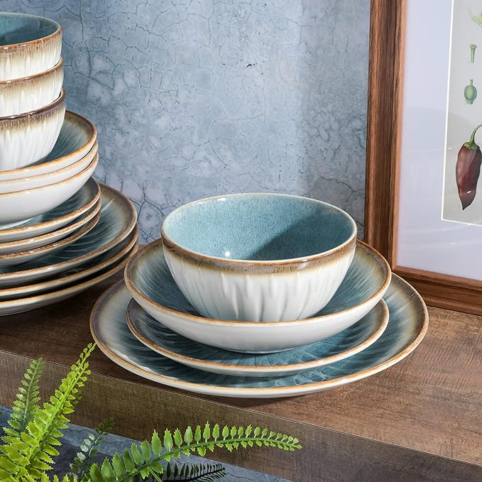 Gibson Elite Mayfair Bay 16-Piece Embossed Double Bowl Dinnerware Set, Service for 4 – Blue Stoneware Plates and Bowls