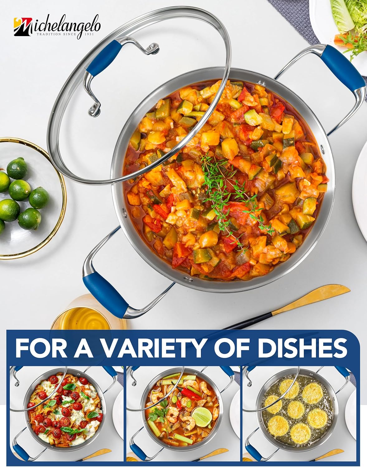 MICHELANGELO Stainless Steel Stock Pots - Induction Soup Pot with Lid, 6 Qt Non-Toxic Cooking Pot, Oven & Dishwasher Safe, Blue Exterior