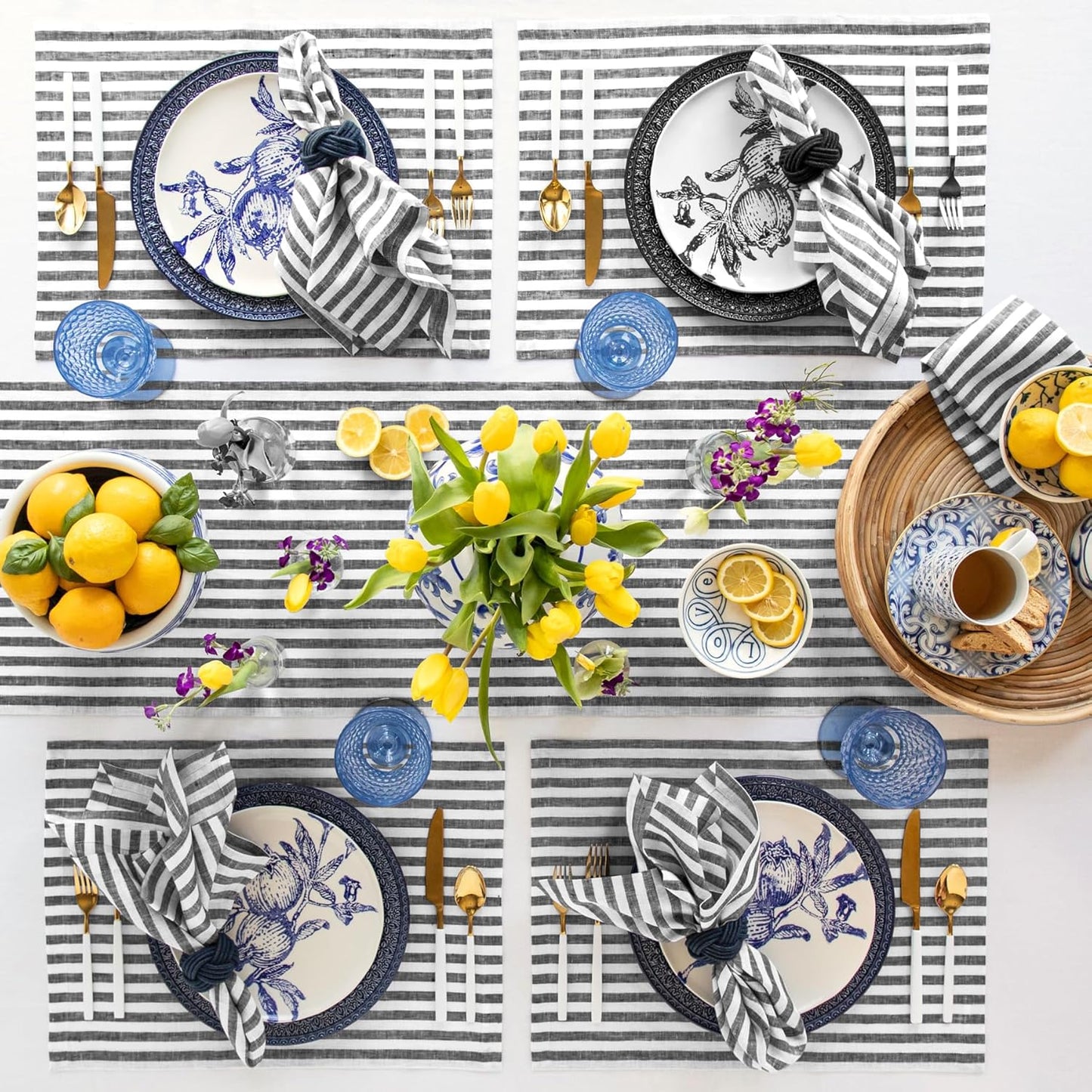 Solino Home Linen Table Runner 144 Inches Long - Amalfi Stripe, 100% Pure Linen Black and White Table Runner 14 x 144 Inch for Dining