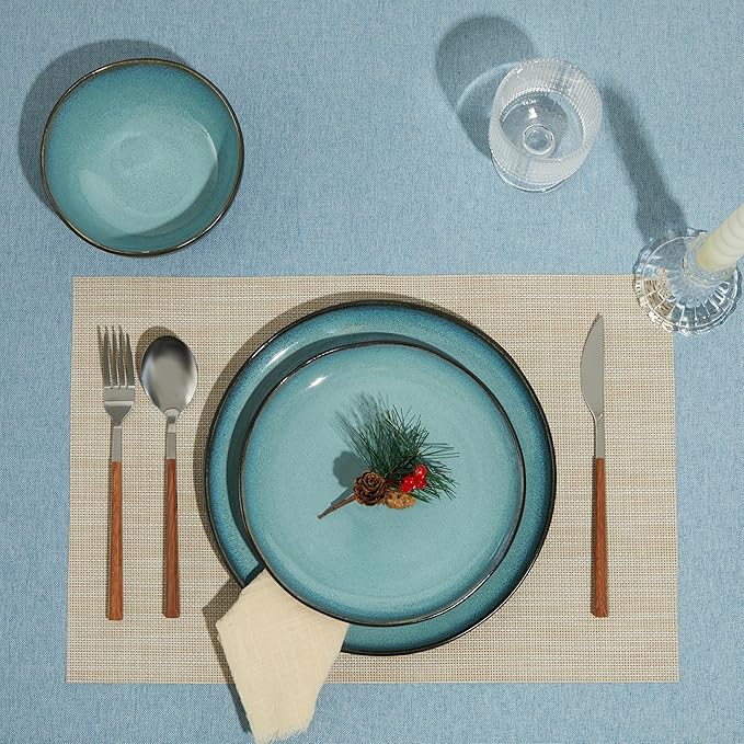 32 Piece Dinnerware Set for 8 with Pasta Bowls, Green Black Reactive Glaze Stoneware | All‑in‑One Host Set for Entertaining, Holiday Meals, Multi‑Course Dinners | Unique Irregular Coastal Look