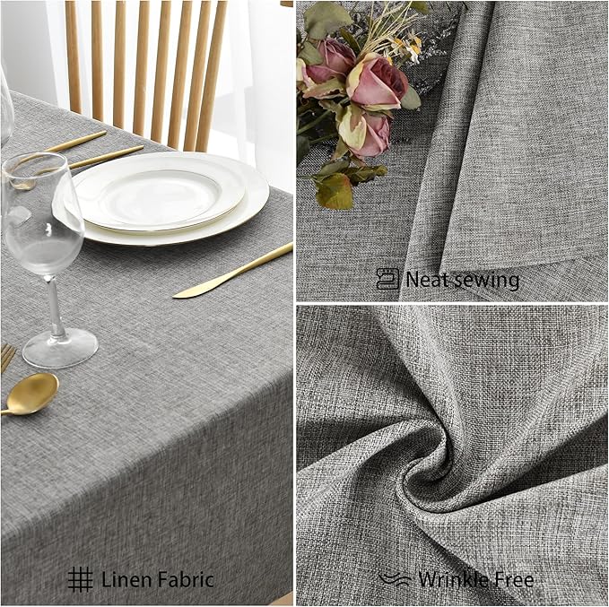 JIUZHEN Faux Linen Farmhouse Tablecloth Rectangular, Wrinkle Stain Resistant Table Cloth Rectangle Table Cover for Kitchen Dining, Holiday Party Dinner, Grey, 60 x 120 Inch