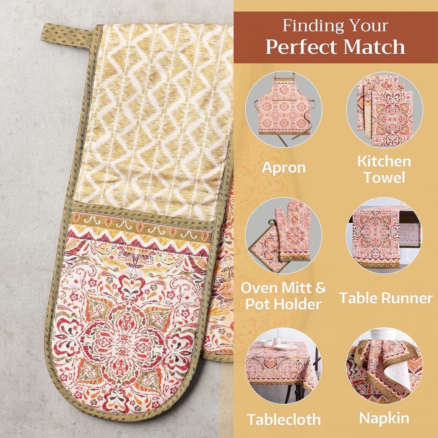 Maison d' Hermine Double Oven Mitt (7" x 35") 100% Cotton Heat Resistant BBQ Cooking Gloves with Loop for Thanksgiving Christmas Decorations Baking Cooking Barbeque Handling Hot Pan (Damask)