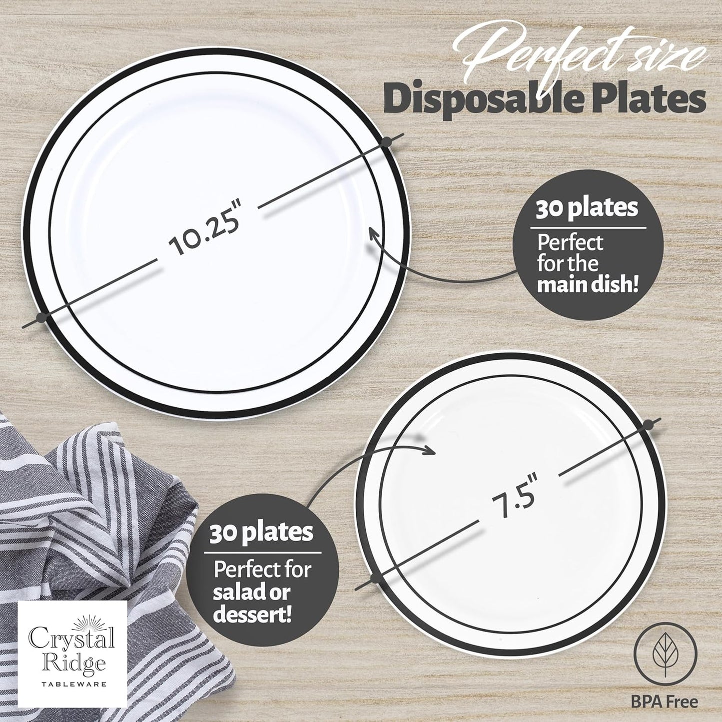 60 Pieces White Plastic Disposable Plates - Premium Heavy-Duty 30 Dinner Plates & 30 Salad Plates with Black Rim Ideal for Party, Birthday and Special Events