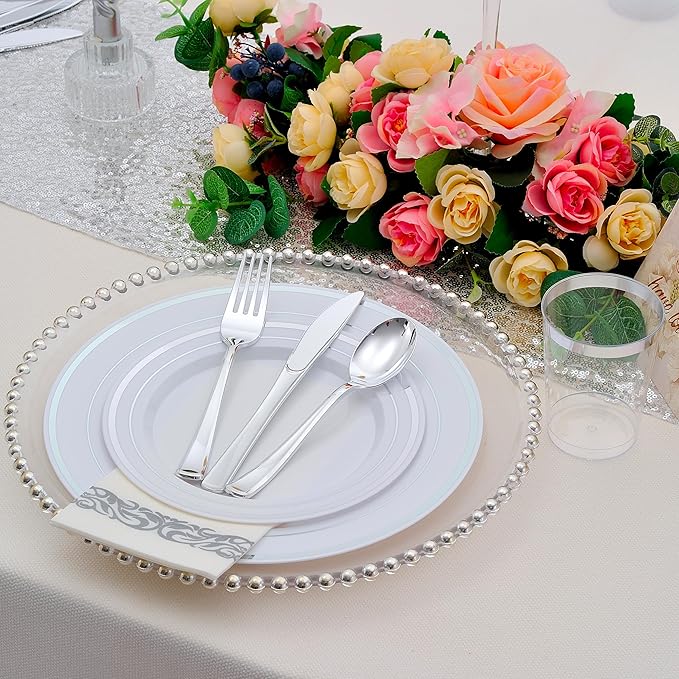 700 PCS Silver Plastic Dinnerware for 100 Guests, Silver Disposable Plate for Party Wedding with 100 Dinner Plates, 100 Dessert Plates, 100 Silverware Set, 100 Cups, 100 Napkins