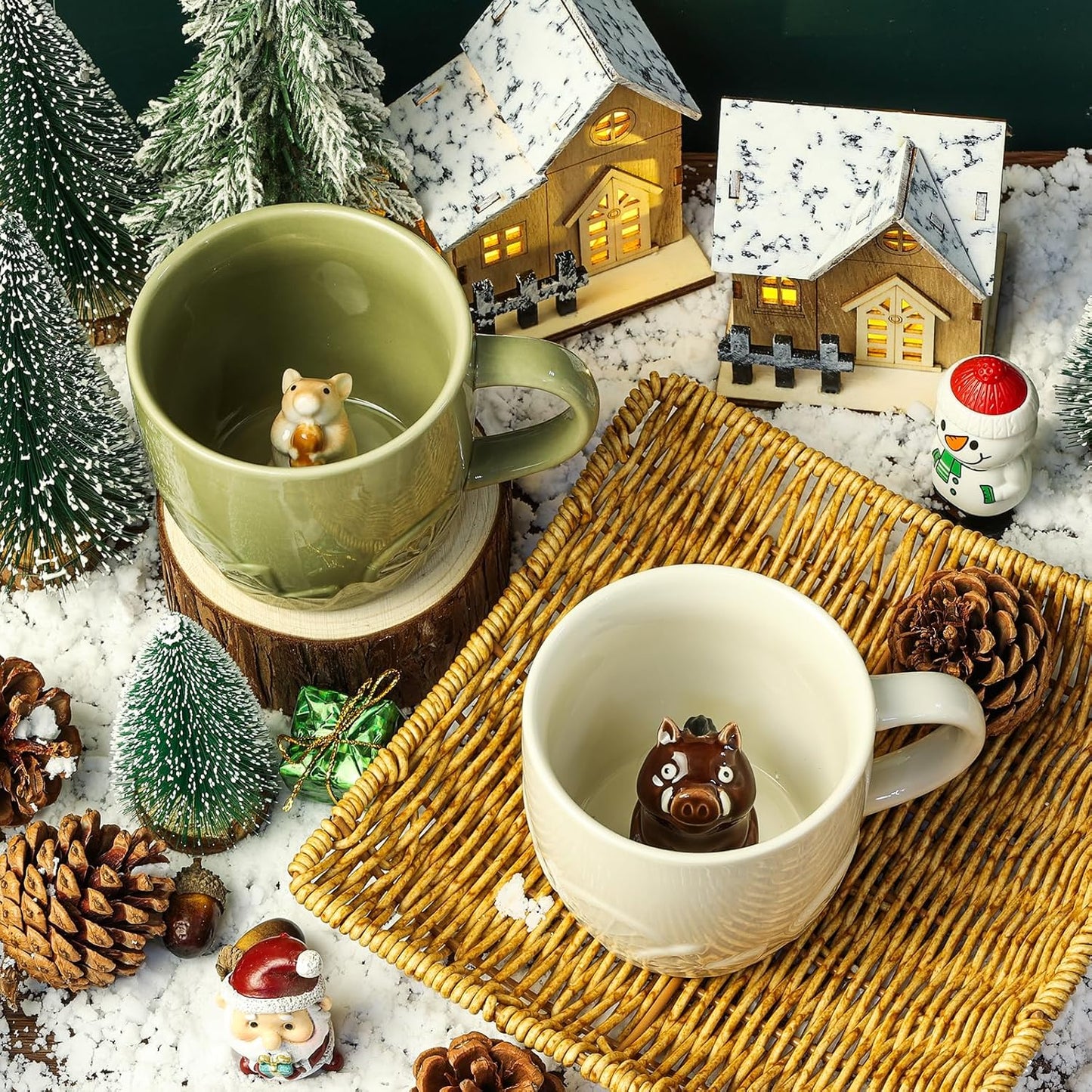 Wild Boar Ceramic Cup Hidden 3D Animal Inside Mug,Cute Cartoon Handmade Figurine Mug,Christmas Birthday Surprise for Friends Family or Kids (Cream Wild Boar)