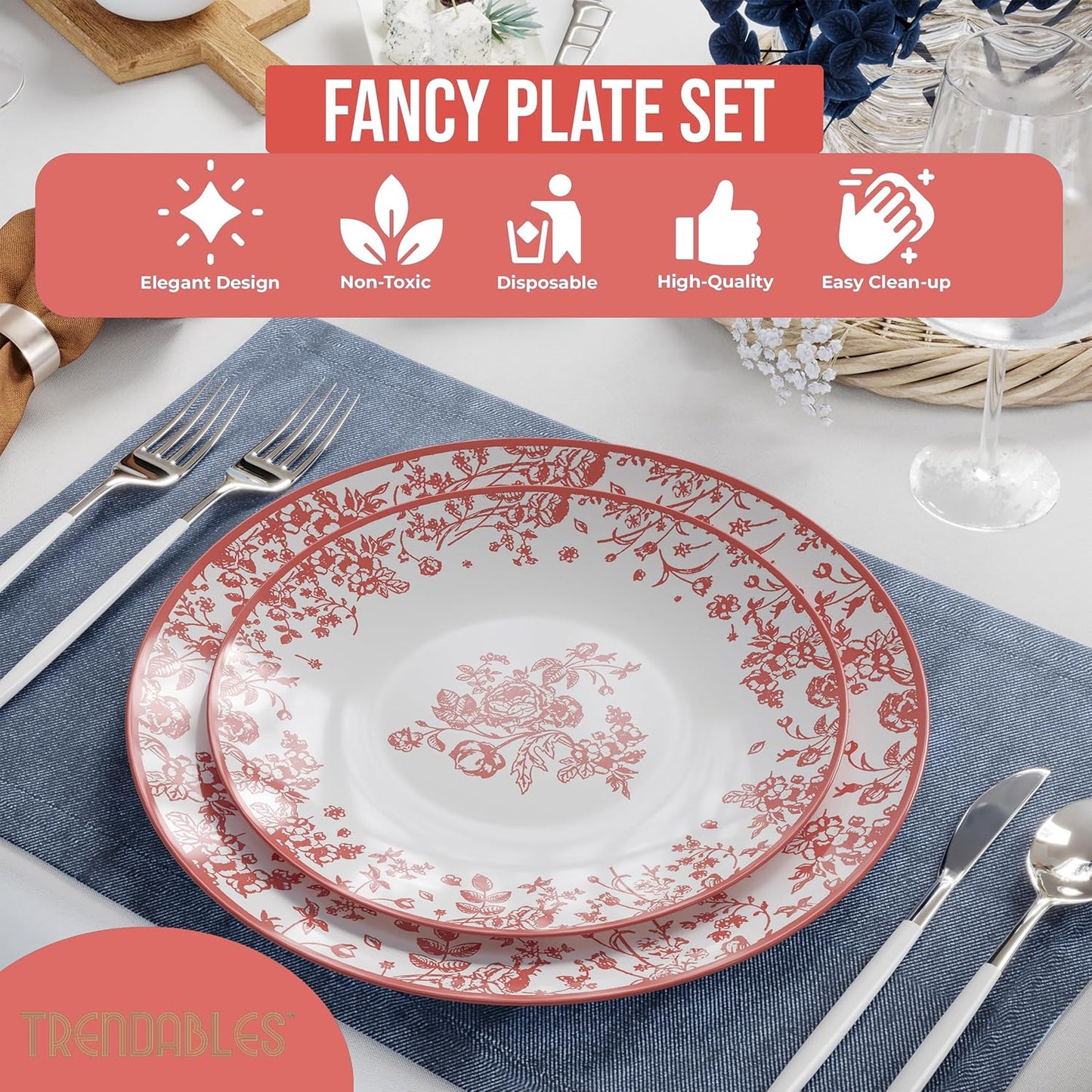 Trendables Disposable Plates For Party Supplies | Pink Floral Plastic Plates For Wedding 80 Pcs - 40 X 8" & 40 X 10" Dinner Plate Sets | Floral Plate Set Disposable Plastic Dinnerware Sets