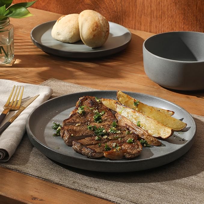 Gibson Elite Pasco 12 Piece (Service for 4) Plates and Bowls Reactive Glaze Dishes Stoneware Ceramic Dinnerware Set - Grey