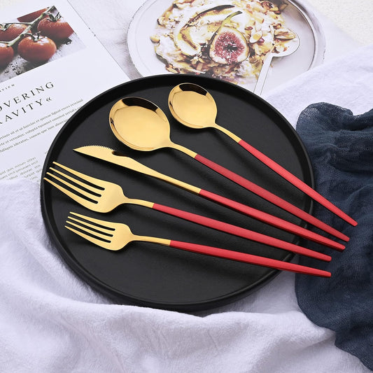 Silverware Set – 20 Piece Family Dinnerware Set – Flatware Set Service For 4 – Red Gold Tableware Sets – Cutlery Great For Family Gatherings & Daily Use – Spoons, Knives, Forks