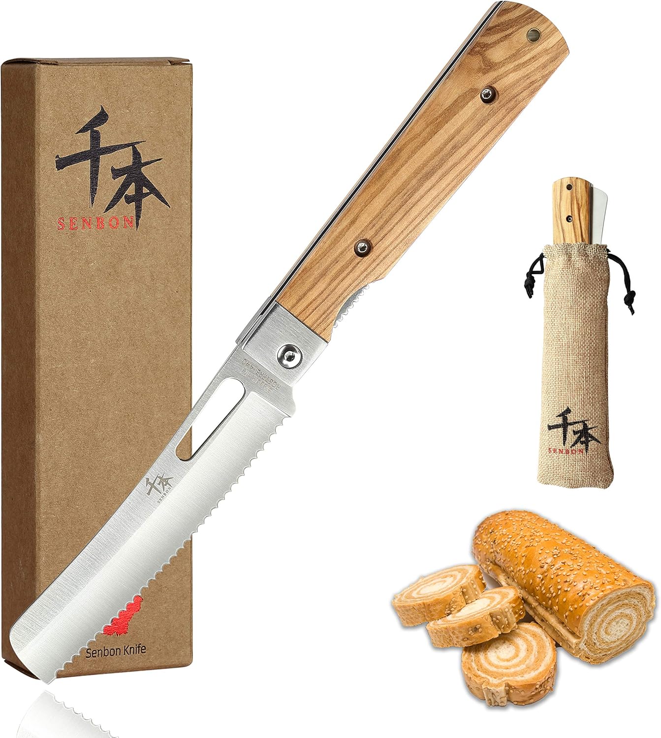 SENBON 440A stainless steel pocket folding Japanese Bread knife Natural Olive Handle Camping trip Outdoor Portable Serrated knife