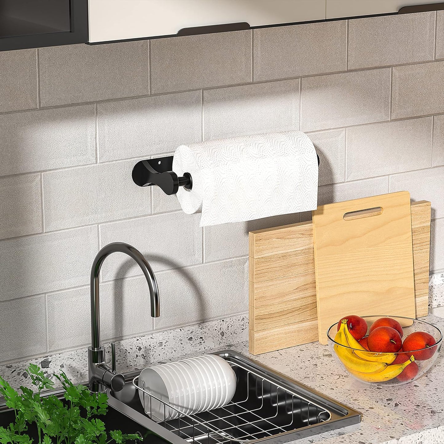 Paper Towel Holder Under Cabinet, One-Handed Tear, Wall Mount, Adhesive, Black, Paper Roll Holder with Ratchet Mechanism for Kitchen Bathroom Farmhouse Essentials Decor Accessories