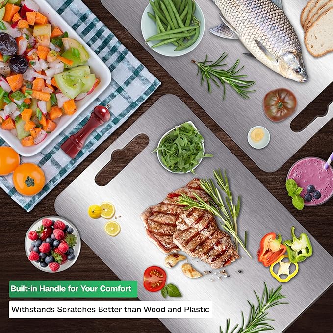 Stainless Steel Cutting Board - Titanium Cutting Boards for Kitchen,Double-Sided Food Grade Non Toxic Cutting Board,Chopping Boards for Home Outdoor Camping Meal Prep,Easy to Clean, L 15.4" * 11"
