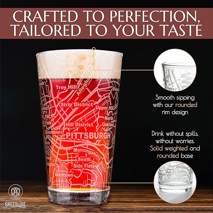 Greenline Goods Beer Glasses - 16 oz Drinkware Set for Pittsburgh lovers - Set of 2 - Etched with Pittsburgh, PA Map - Premium Decorative Glassware