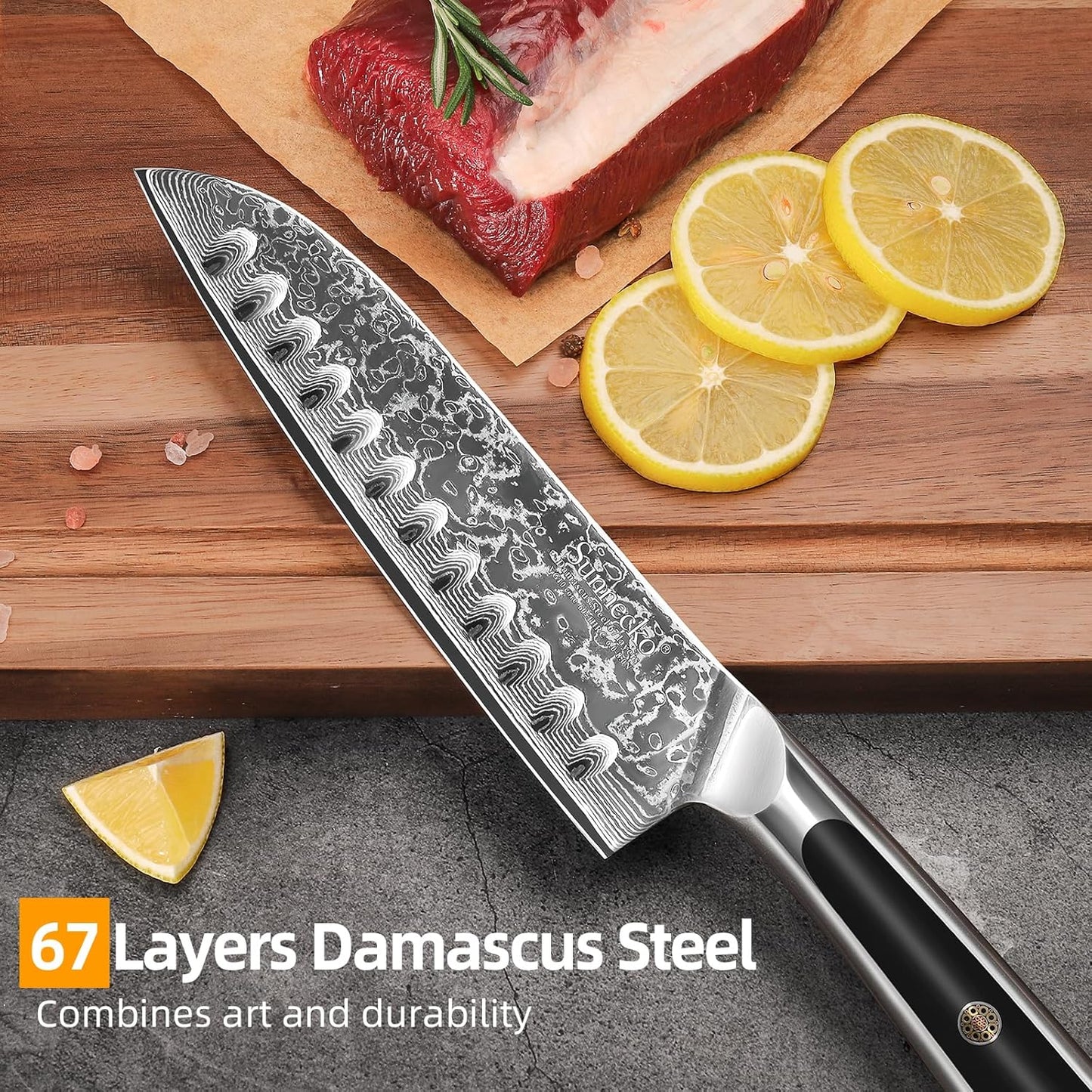 Sunnecko Santoku Knife 7 inch, Damascus Chef Knife VG-10 Steel Blade Japanese Knife, Sharp Kitchen Knife with Solid Handle Chopping Knife Perfect for Professional Home Use Cutting Knife
